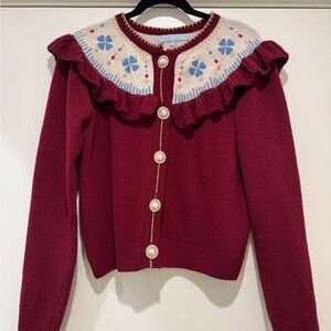 Hill House Burgundy Cardigan with Ruffles